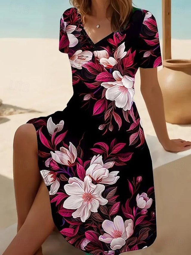 Women's Short Sleeve Summer Black Floral Printing V Neck Daily Going Out Casual Midi A-Line Fit & Flare Dress Dress