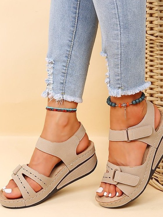 Roman Style Velcro Beach Fish Mouth Sandals Women's Outdoor Casual Mid-heel Sandals