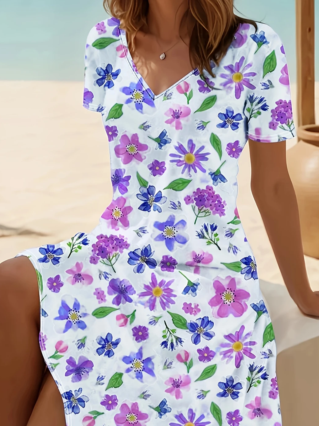 Women's Short Sleeve Summer White Floral Printing V Neck Daily Going Out Casual Midi A-Line Fit & Flare Dress Dress