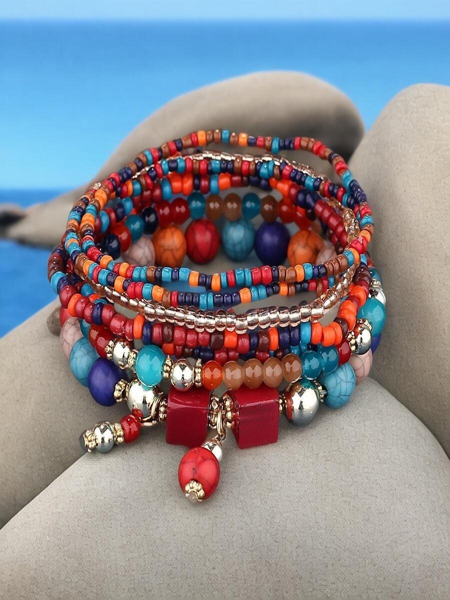 Handmade Bohemian Women's Millet Bead Bracelets, Romantic Element Bracelet Set 8 Pieces/set Bracelet