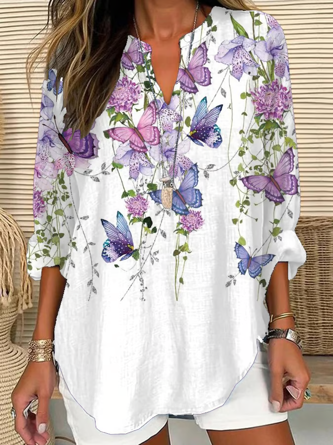 Women's Long Sleeve Blouse Spring/Fall White Floral Printing Cotton-Blend V Neck Daily Going Out Casual Top
