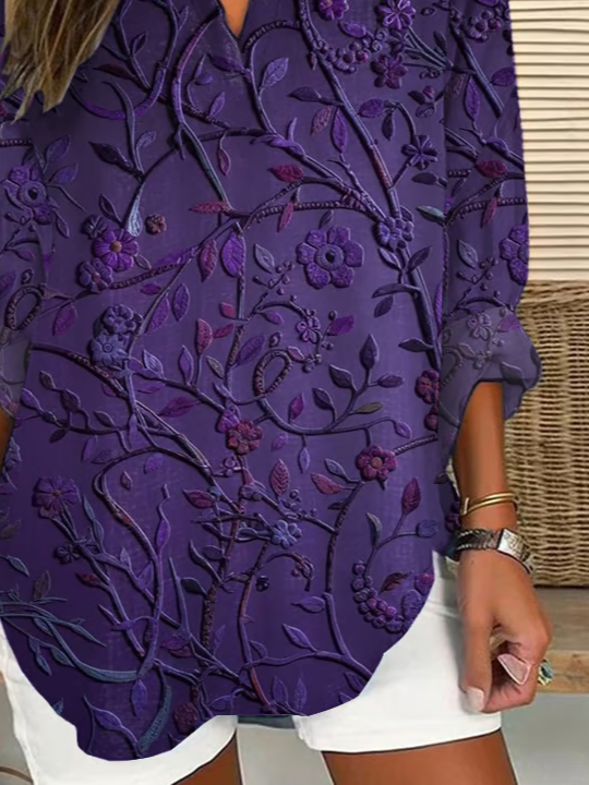 Women Floral V Neck Cotton-Blend Long Sleeve Casual Daily Spring/Fall Blouse