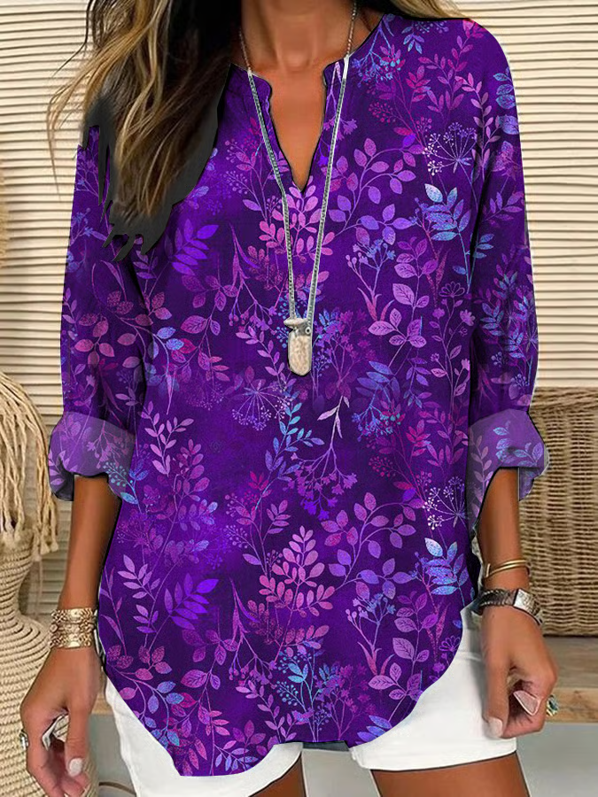 Women's Long Sleeve Blouse Spring/Fall Purple Floral Printing Cotton-Blend V Neck Daily Going Out Casual Top