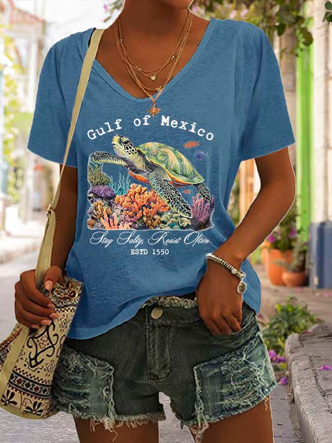 Women's Gulf Of Mexico Print Casual V Neck T-Shirt