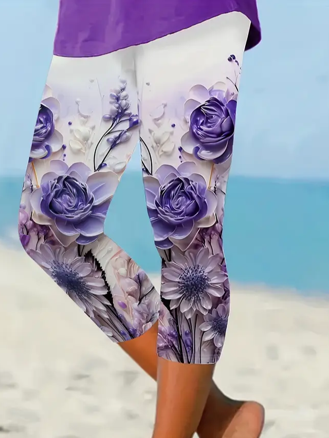 Women's  Elastic Waist H-Line Legging Daily Going Out Pants Purple Casual Printing Floral Summer Pants