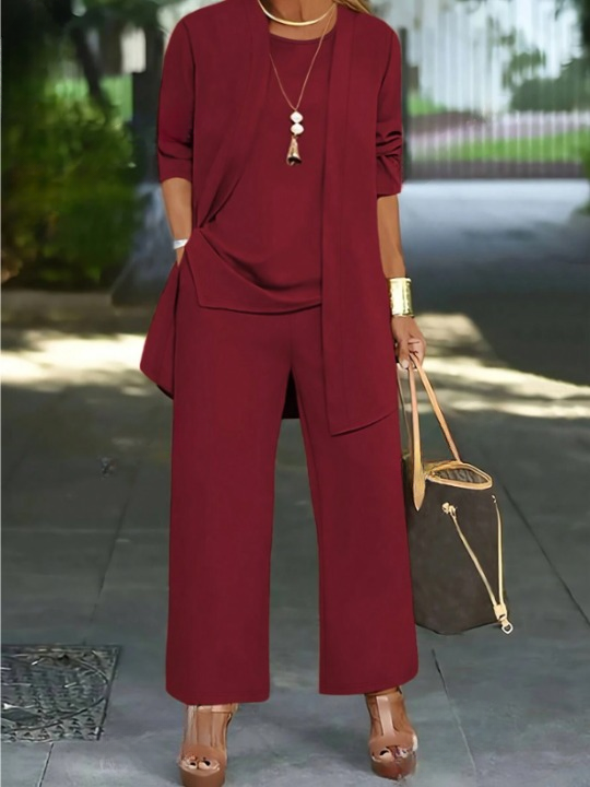 Women Plain Long Sleeve Multi-Piece Set Casual Split Joint Spring/Fall Crew Neck Matching Outfit