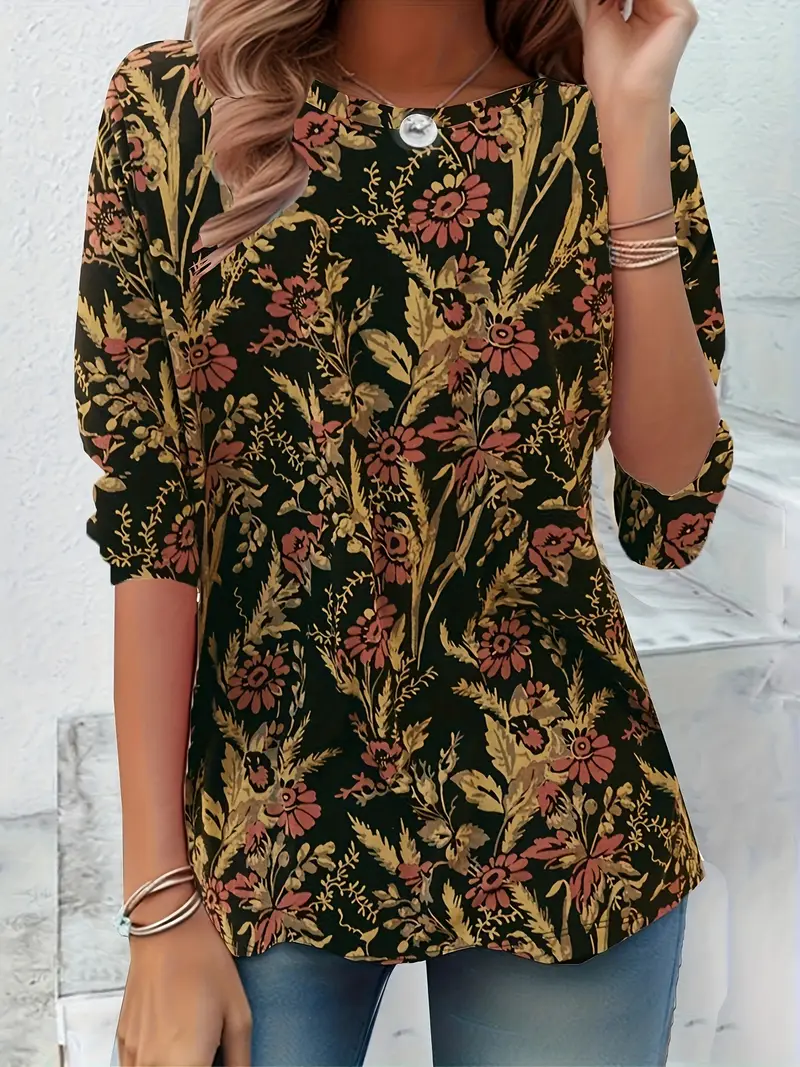 Women's Long Sleeve T-shirt Spring/Fall Black Floral Printing Jersey Crew Neck Daily Going Out Casual Top