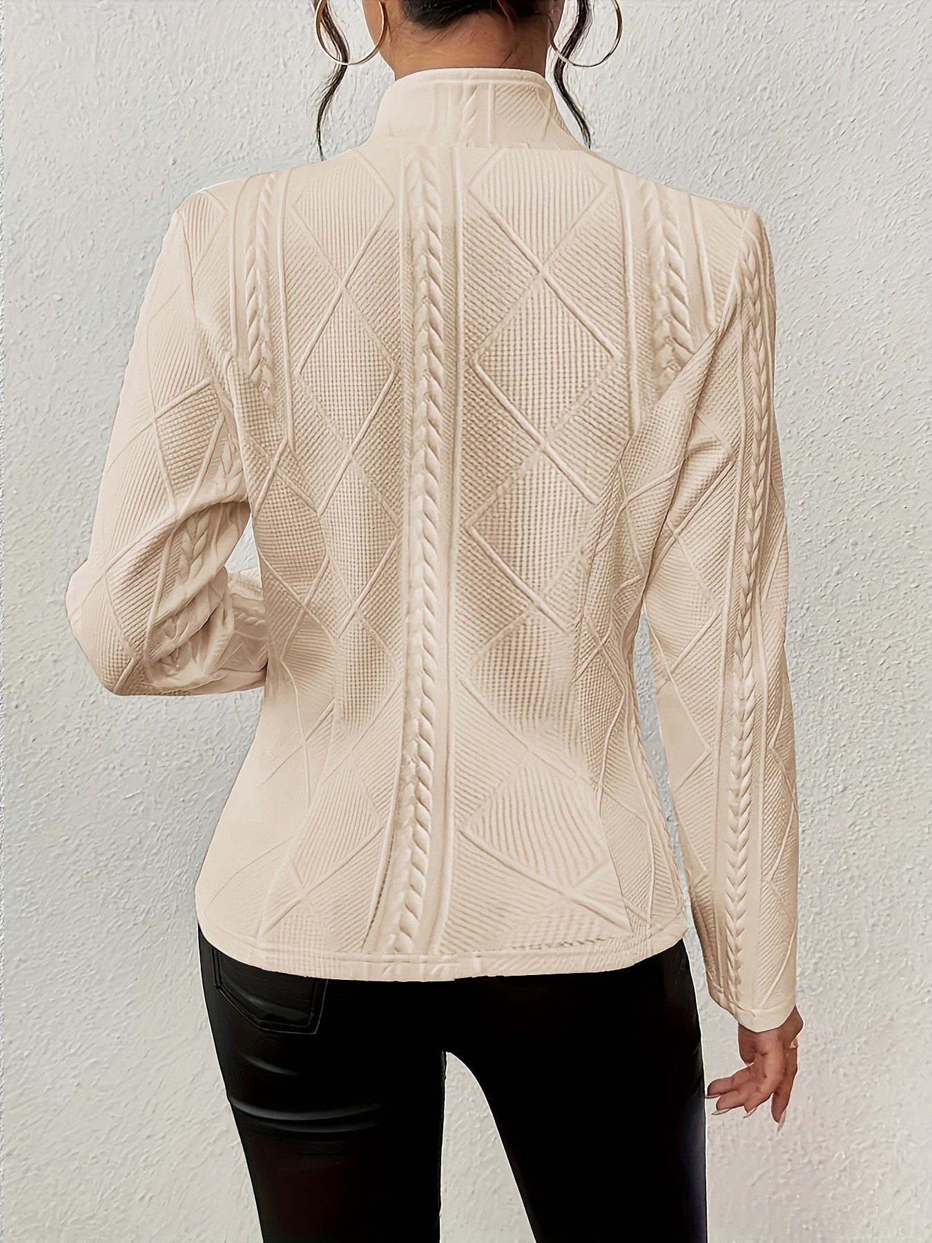 Women Geometric Mock Neck Long Sleeve Vintage Embossed Spring/Fall Daily Blazer Outerwear