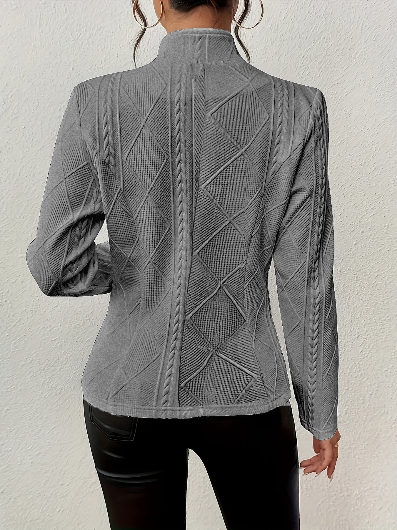 Women Geometric Mock Neck Long Sleeve Vintage Embossed Spring/Fall Daily Blazer Outerwear