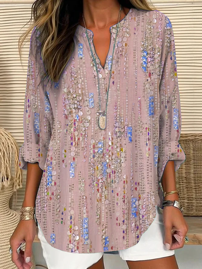 Women Abstract V Neck Cotton-Blend Long Sleeve Casual Daily Spring/Fall Blouse