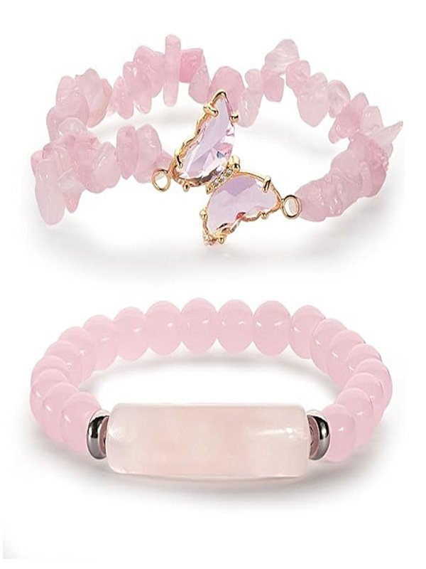 New Natural Stone 8mm Amethyst Rose Quartz Crushed Stone Butterfly Two-piece Bracelet