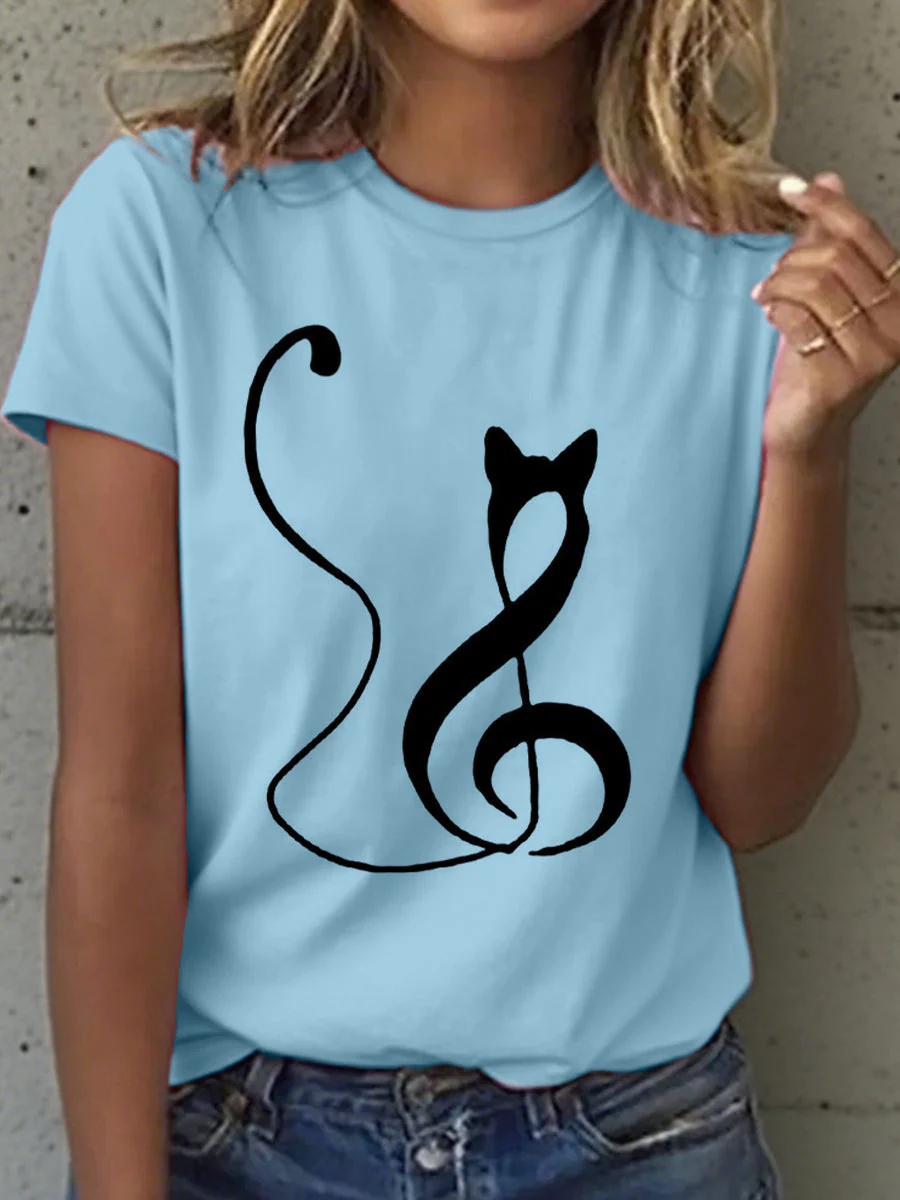 Women's Music Notes and Cat Print T-Shirt
