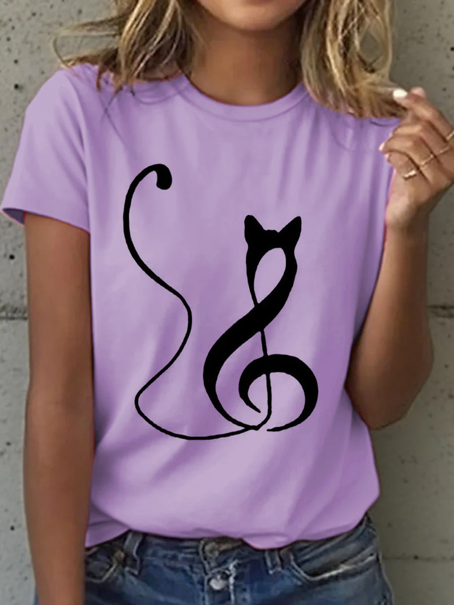 Women's Music Notes and Cat Print T-Shirt