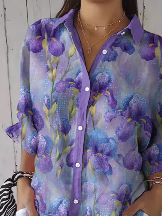 Women Floral Shirt Collar Three Quarter Sleeve Casual Daily Spring/Fall Shirt