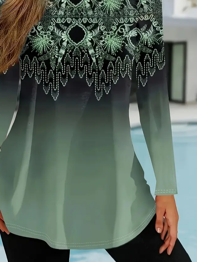 Women's Long Sleeve T-shirt Spring/Fall Green Ethnic Printing Jersey Crew Neck Daily Going Out Casual Top