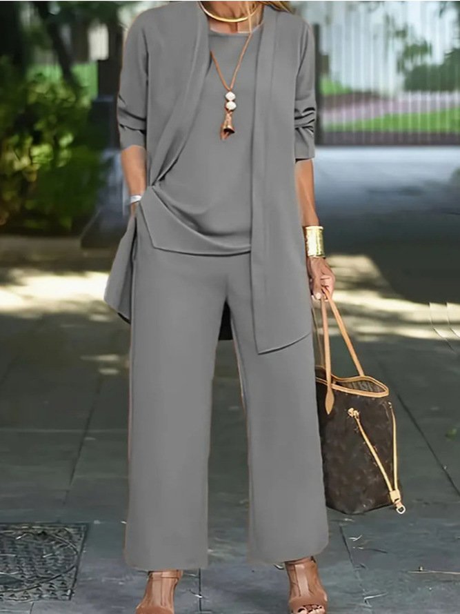 Women Plain Long Sleeve Multi-Piece Set Casual Split Joint Spring/Fall Crew Neck Matching Outfit