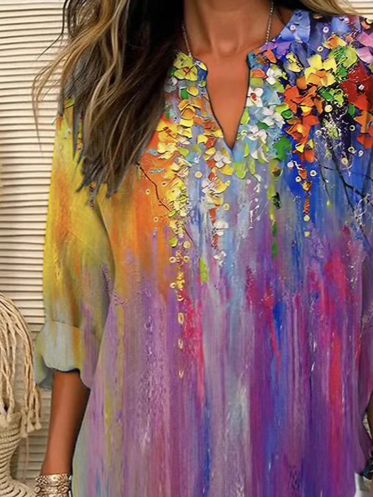 Women's Long Sleeve Blouse Spring/Fall As Picture Floral Printing Cotton-Blend V Neck Daily Going Out Casual Top