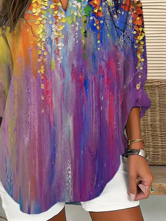 Women's Long Sleeve Blouse Spring/Fall As Picture Floral Printing Cotton-Blend V Neck Daily Going Out Casual Top