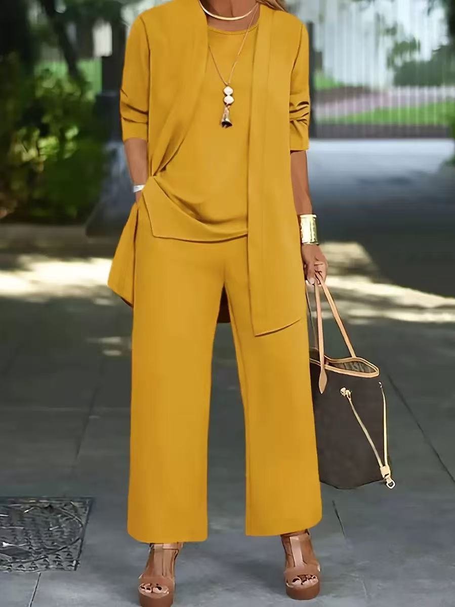 Women Plain Long Sleeve Multi-Piece Set Casual Split Joint Spring/Fall Crew Neck Matching Outfit