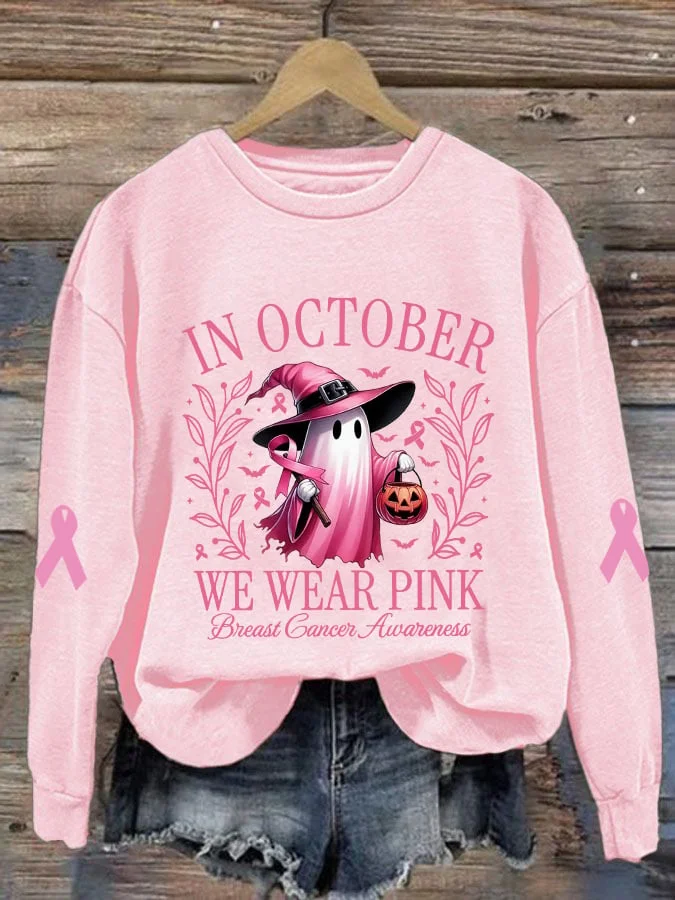 Women's October Halloween Pink Ghost Breast Cancer Awareness Warrior Crew Neck Long Sleeve Sweatshirt
