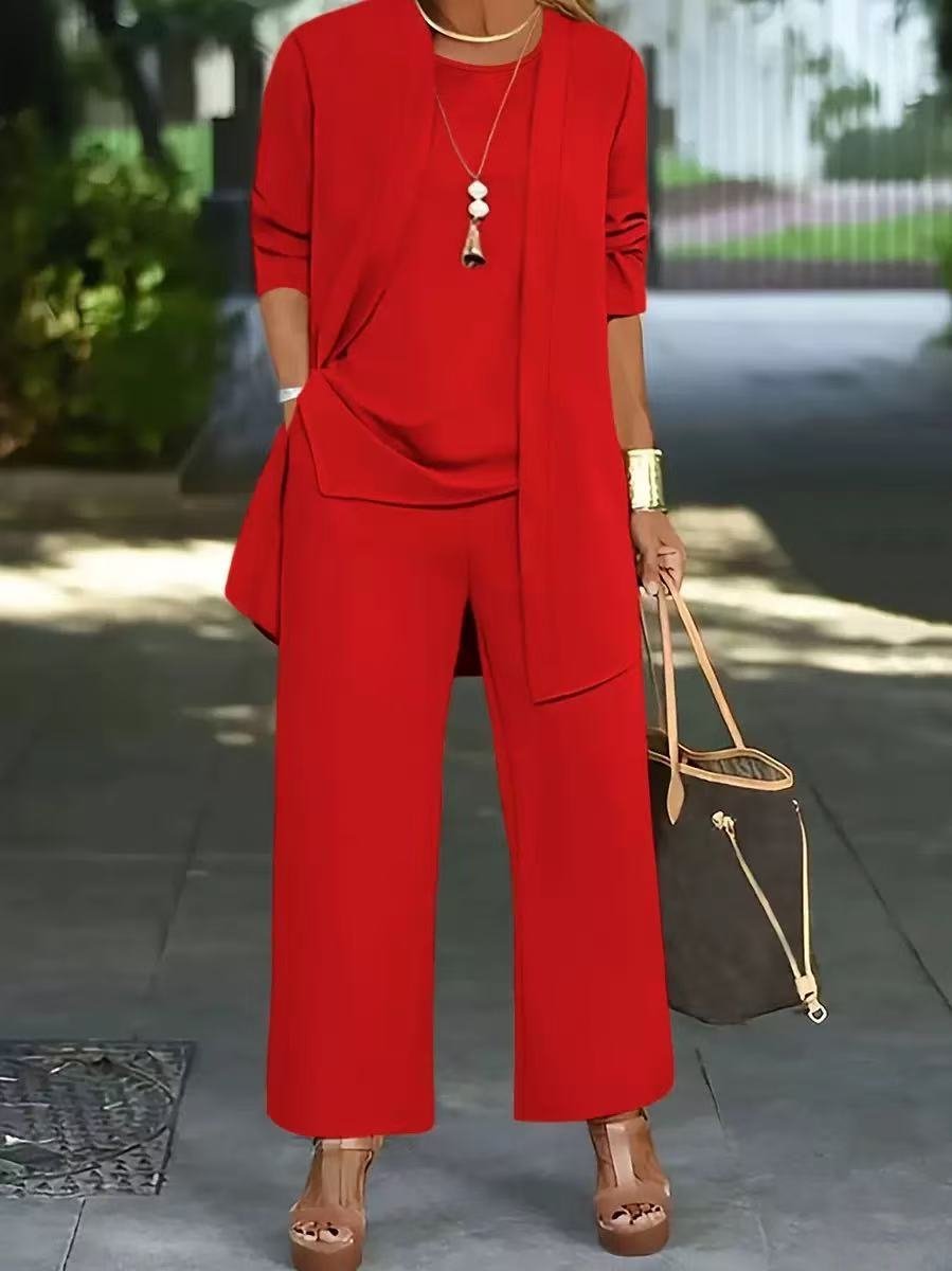 Women Plain Long Sleeve Multi-Piece Set Casual Split Joint Spring/Fall Crew Neck Matching Outfit