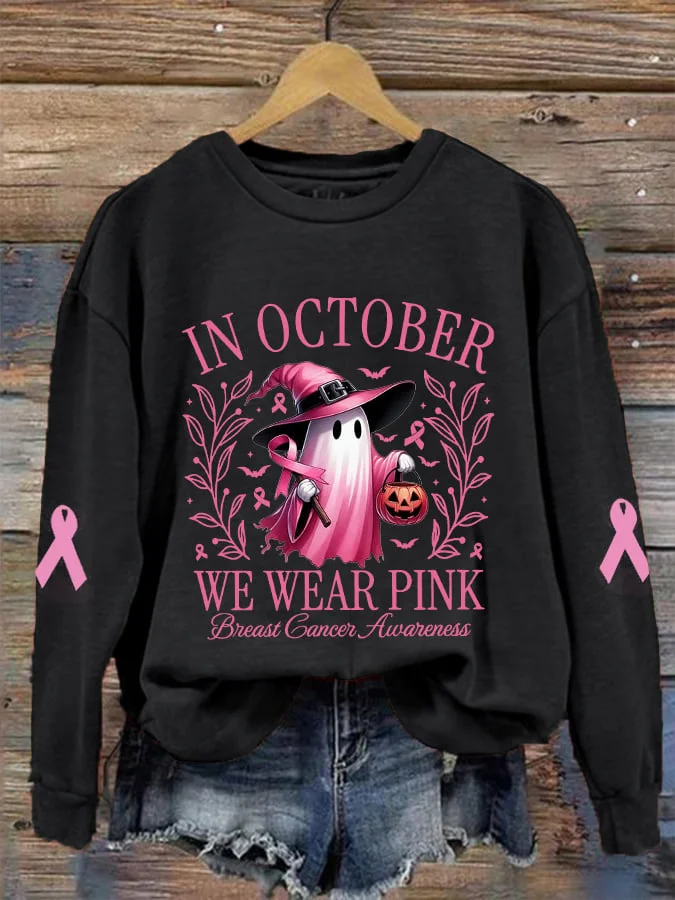 Women's October Halloween Pink Ghost Breast Cancer Awareness Warrior Crew Neck Long Sleeve Sweatshirt