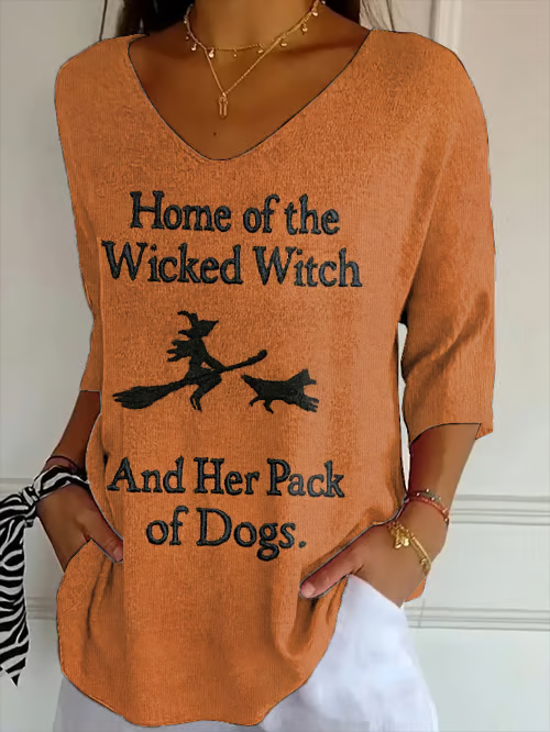 Women's Retro Home Of The Wicked Witch And Her Pack Of Dogs Print Shirt