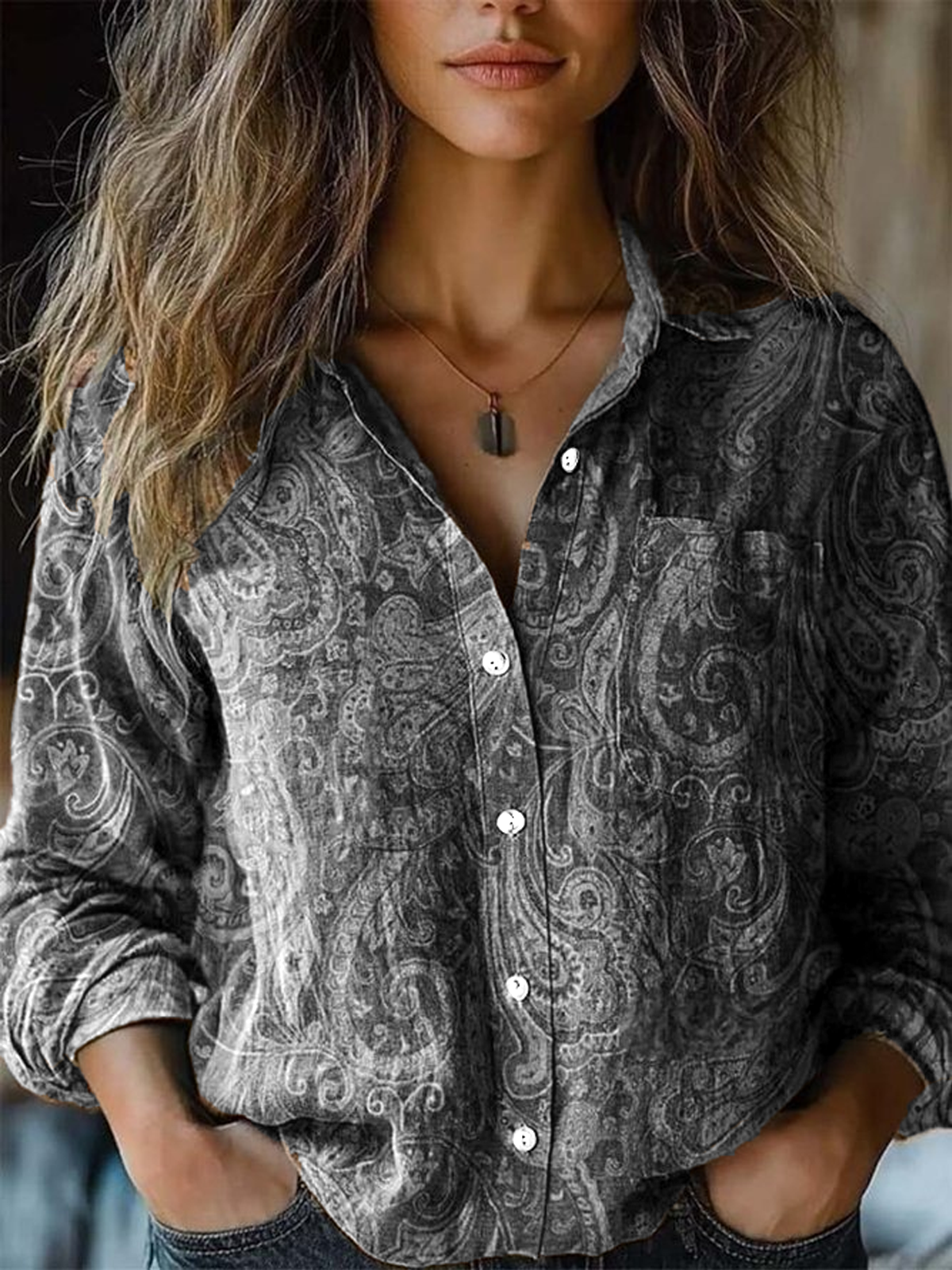 Women Paisley Shawl Collar Long Sleeve Vintage Daily Spring/Fall Shirt