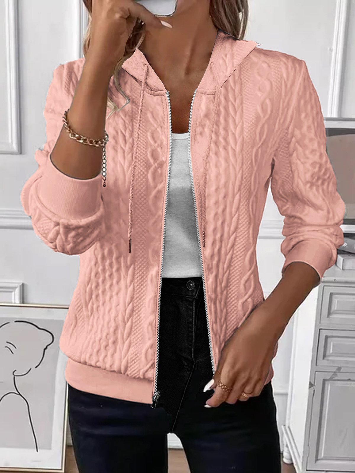 Women Plain Hoodie Bomber Jacket Long Sleeve Vintage Jacquard Spring/Fall Daily Jacket Outerwear