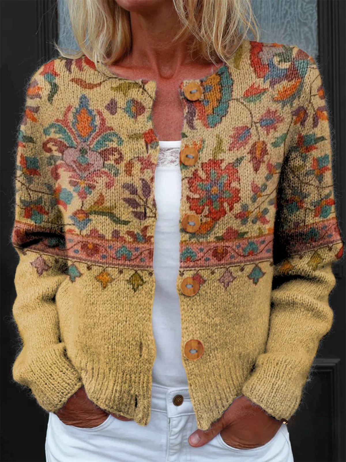 Women Geometric Crew Neck Knitted Long Sleeve Vintage Daily Spring/Fall Cardigan