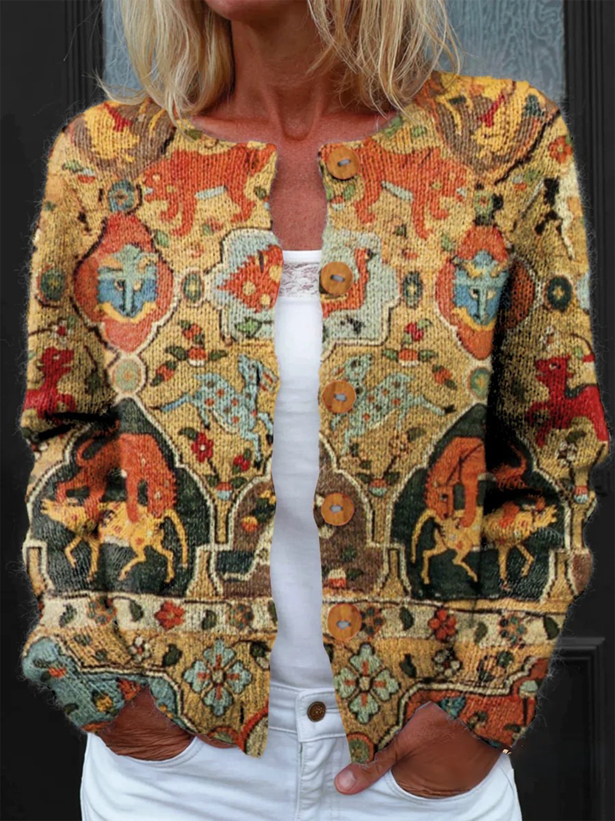 Women Geometric Crew Neck Knitted Long Sleeve Vintage Daily Spring/Fall Cardigan