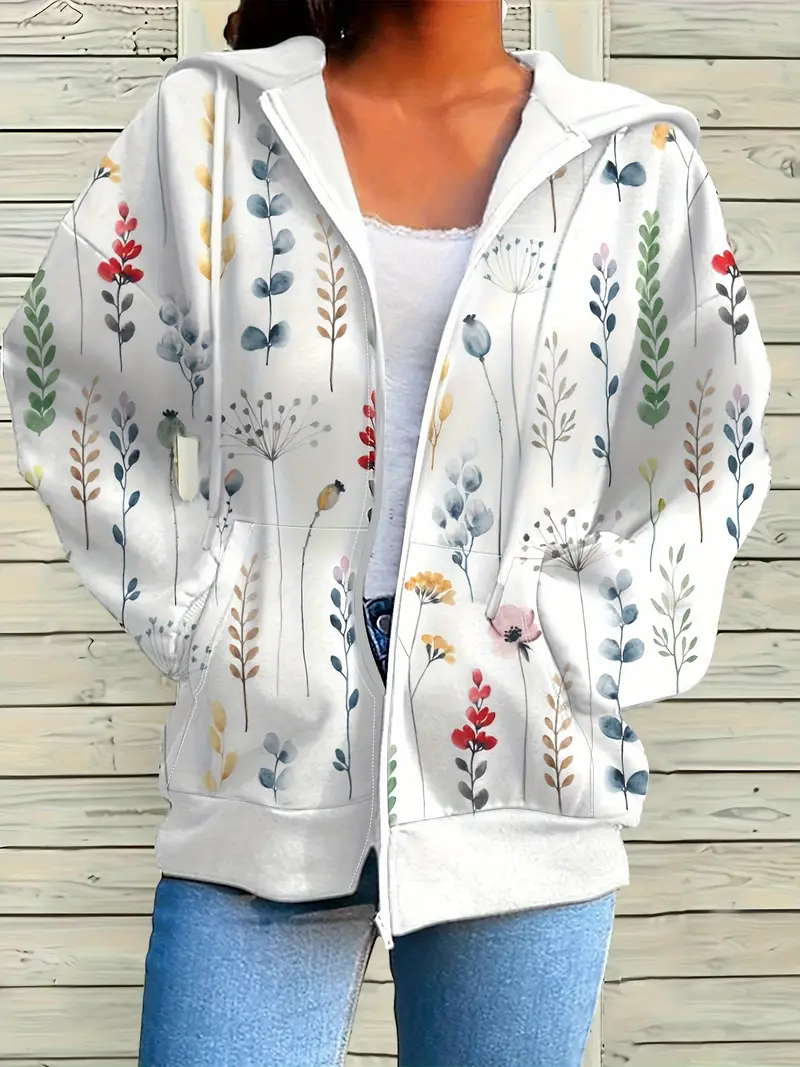 Women Floral Hoodie Zip Up Hoodie Long Sleeve Casual Printing Spring/Fall Daily Jacket Outerwear