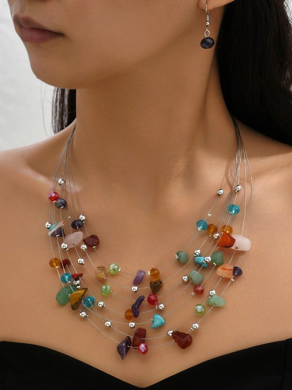 Multi-layer Exaggerated Bohemian Turquoise Crystal Necklace Earring Set