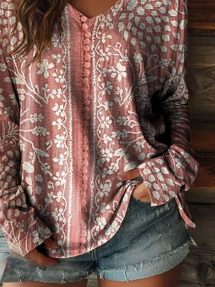 Women Floral V Neck Jersey Long Sleeve Casual Daily Spring/Fall T-shirt