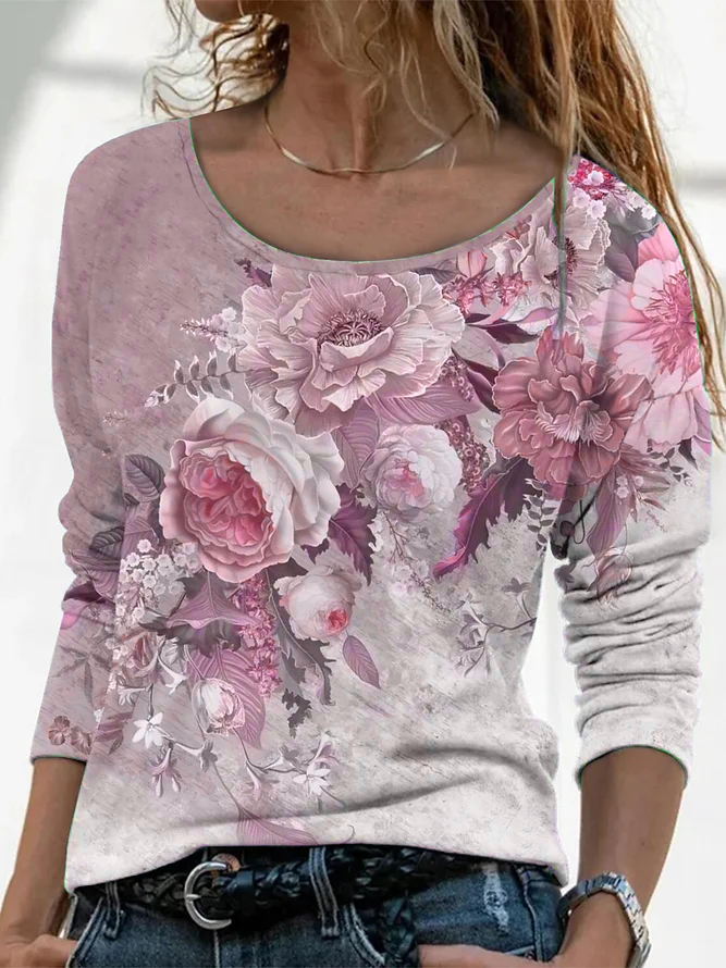 Women Floral Crew Neck Jersey Long Sleeve Casual Daily Spring/Fall T-shirt