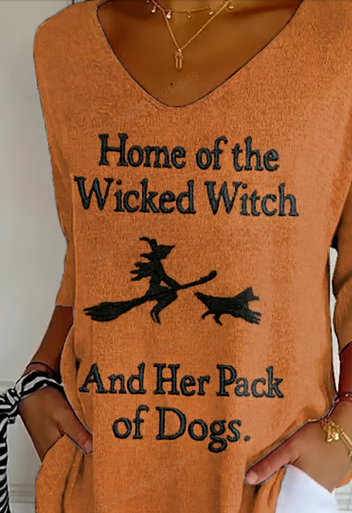 Women's Retro Home Of The Wicked Witch And Her Pack Of Dogs Print Shirt