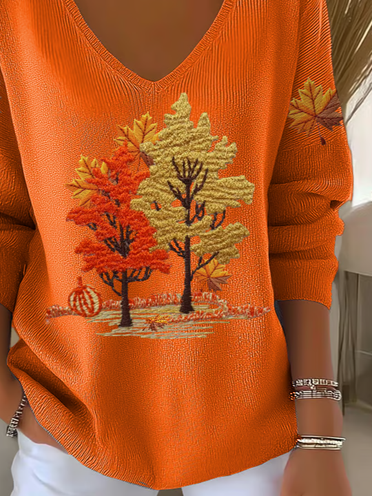 Women Maple Leaf V Neck Long Sleeve Casual Daily Spring/Fall T-shirt