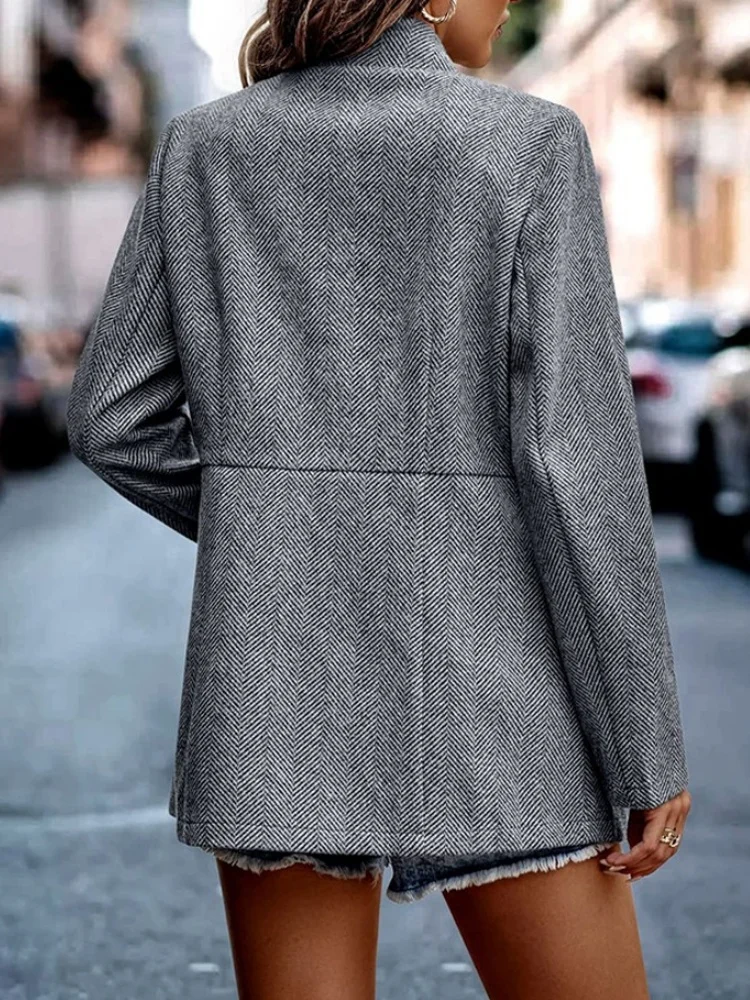 Women Geometric Shawl Collar Tweed Jacket Long Sleeve Casual Split Joint Spring/Fall Daily Jacket Outerwear