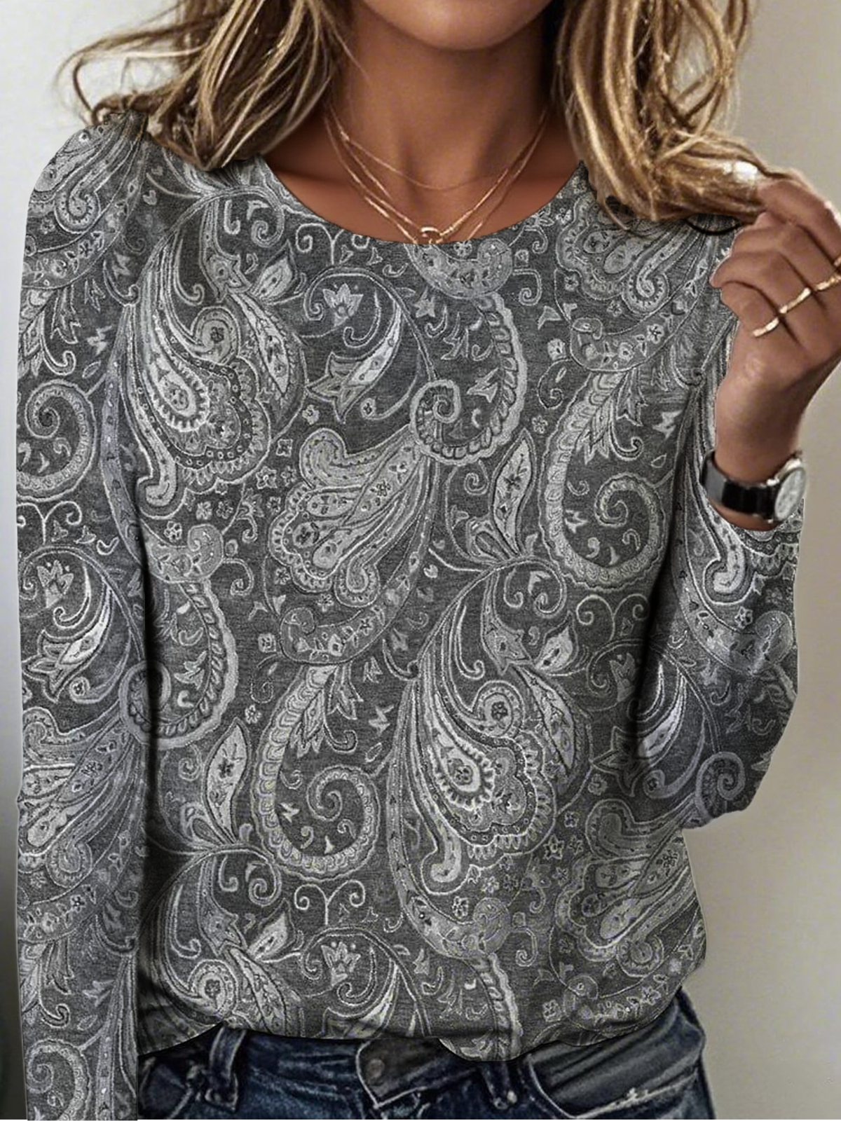 Women Paisley Crew Neck Jersey Long Sleeve Vintage Holiday Spring/Fall T-shirt