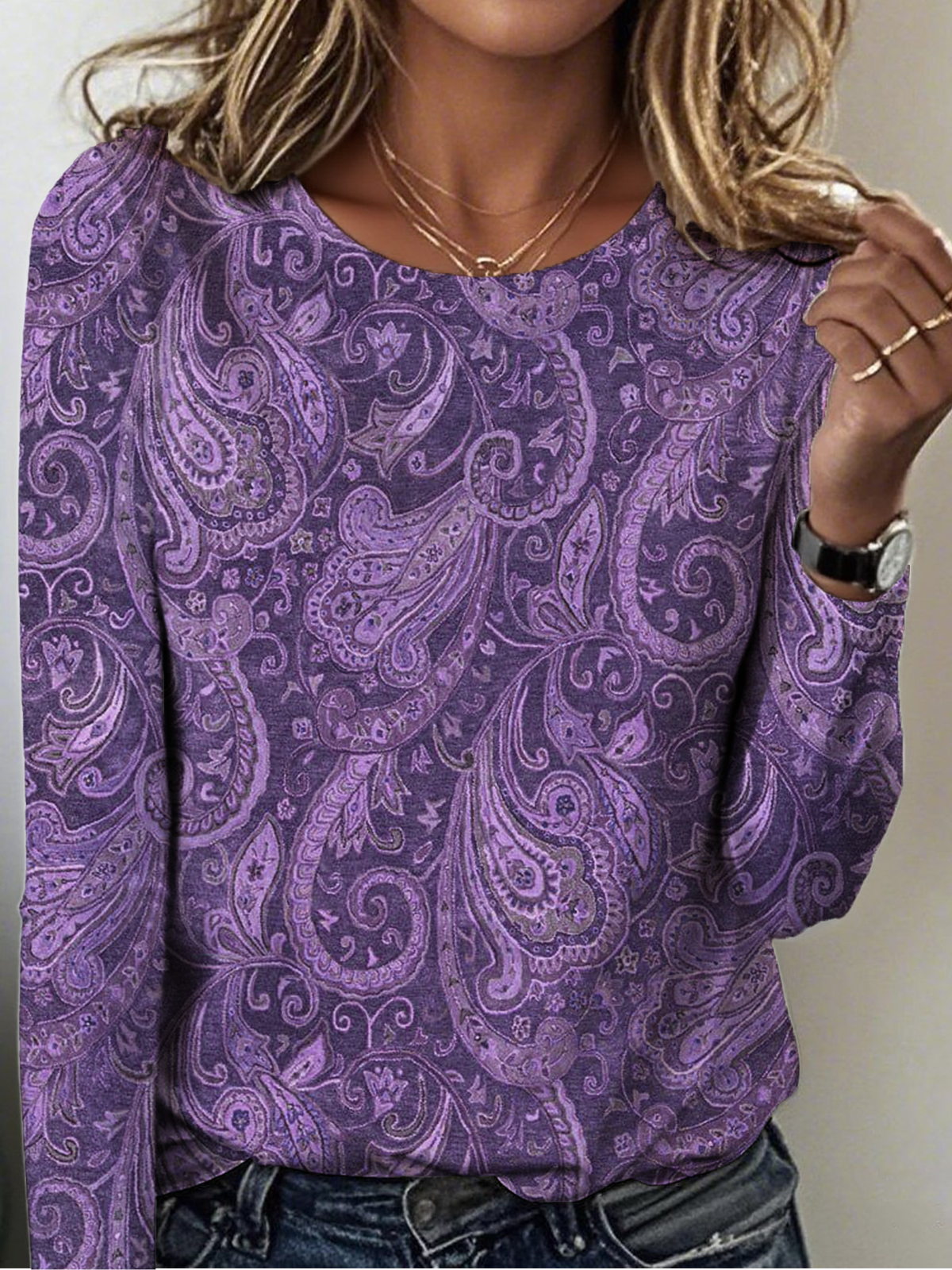 Women Paisley Crew Neck Jersey Long Sleeve Vintage Holiday Spring/Fall T-shirt