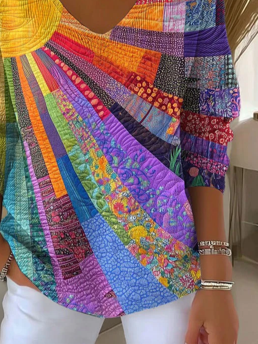 Women Abstract V Neck Long Sleeve Casual Daily Spring/Fall T-shirt