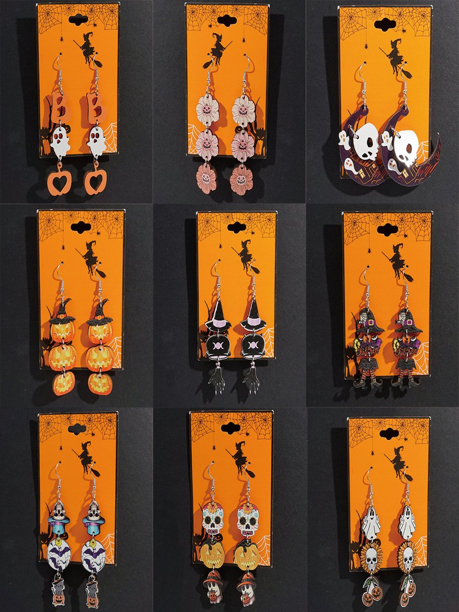 Halloween Themed Wooden Earrings Funny Cartoon Ghost Pumpkin Skull Kitten Long Pendant Party Decoration Earrings