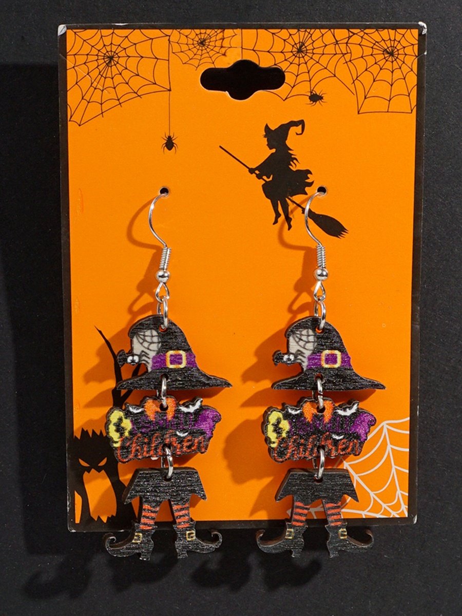 Halloween Themed Wooden Earrings Funny Cartoon Ghost Pumpkin Skull Kitten Long Pendant Party Decoration Earrings