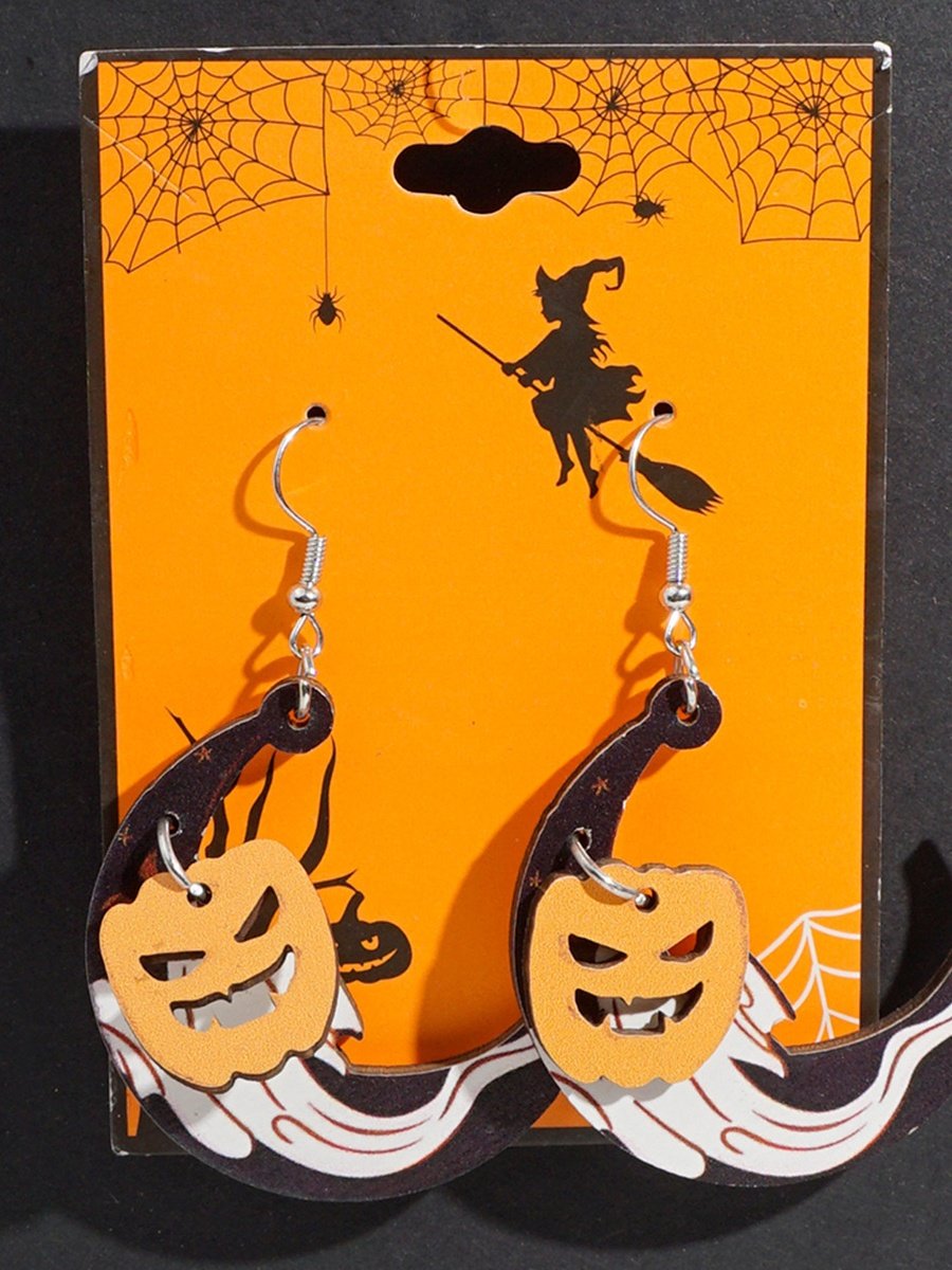 Halloween Themed Wooden Earrings Funny Cartoon Ghost Pumpkin Skull Kitten Long Pendant Party Decoration Earrings