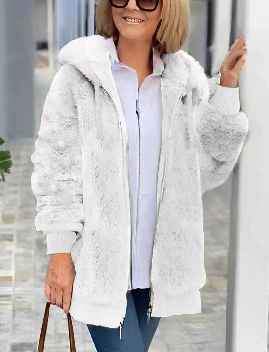 Women Plain Shawl Collar Zip Up Hoodie Long Sleeve Vintage Winter Daily Teddy Jacket Outerwear