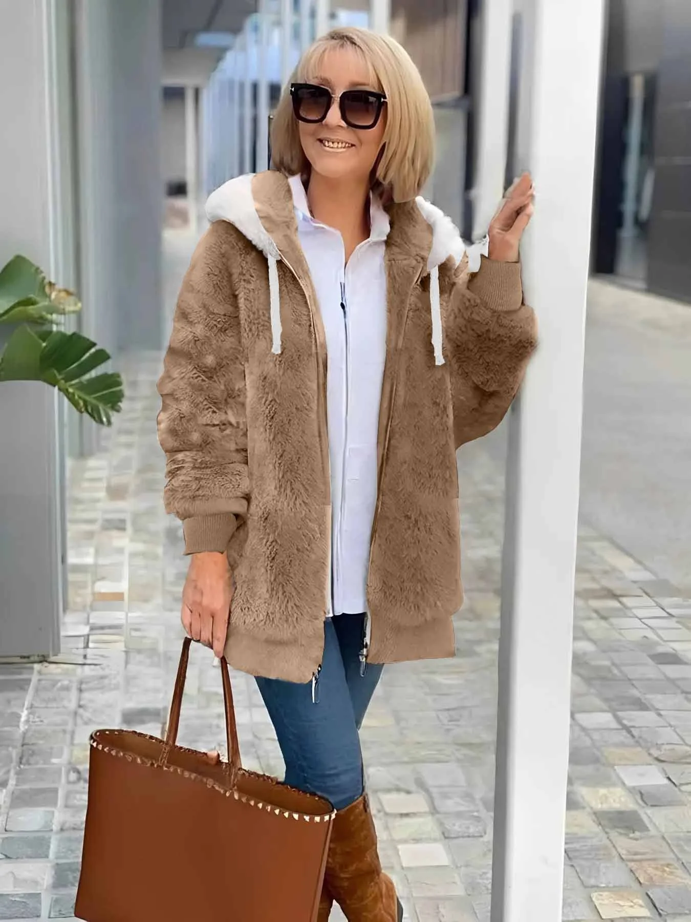 Women Plain Shawl Collar Zip Up Hoodie Long Sleeve Vintage Winter Daily Teddy Jacket Outerwear