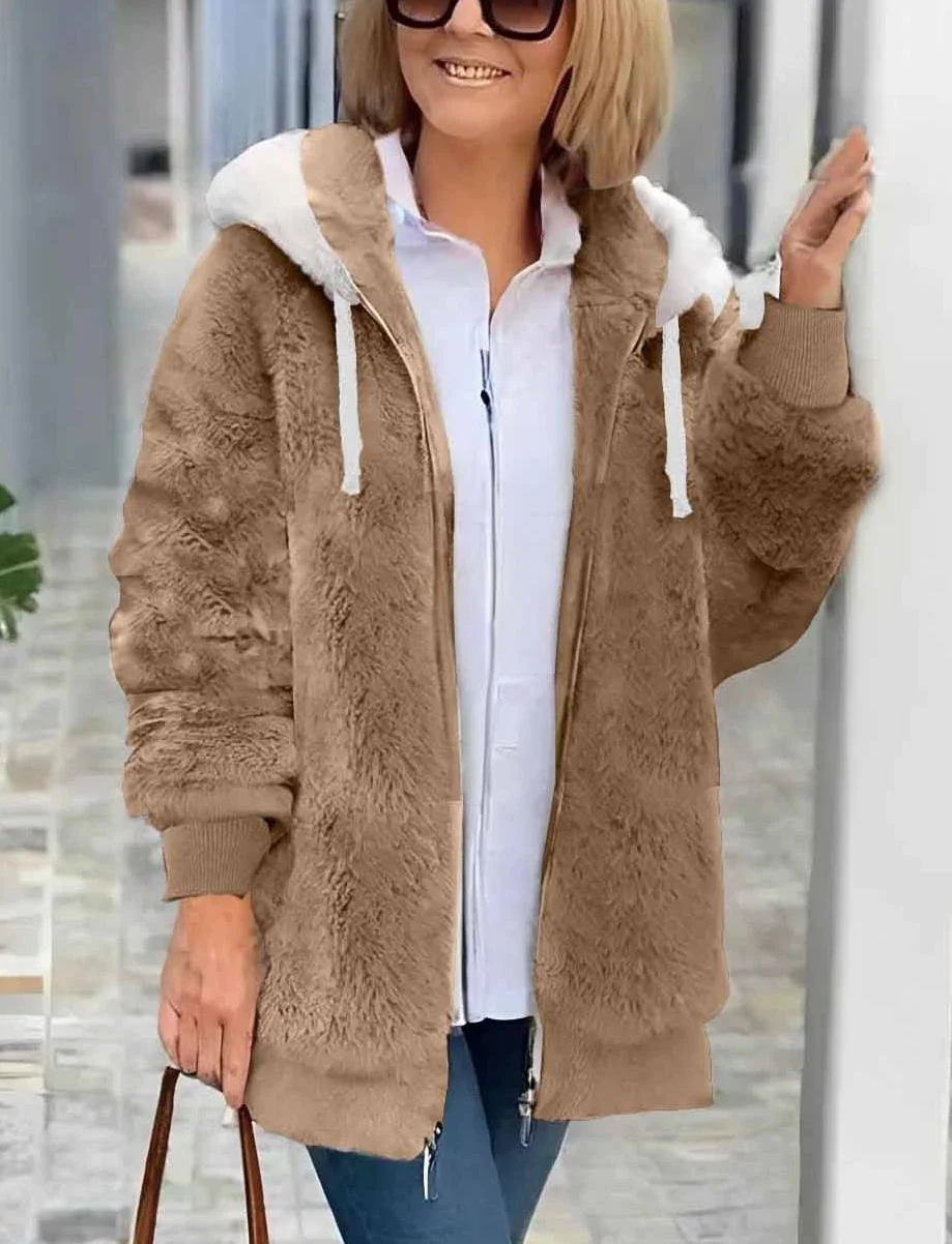 Women Plain Shawl Collar Zip Up Hoodie Long Sleeve Vintage Winter Daily Teddy Jacket Outerwear