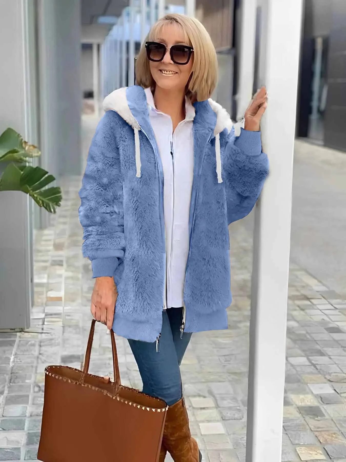 Women Plain Shawl Collar Zip Up Hoodie Long Sleeve Vintage Winter Daily Teddy Jacket Outerwear