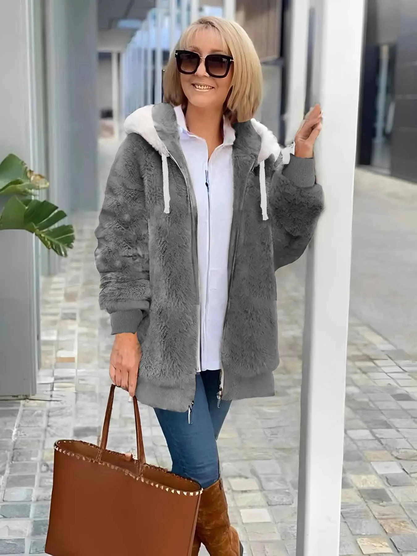 Women Plain Shawl Collar Zip Up Hoodie Long Sleeve Vintage Winter Daily Teddy Jacket Outerwear