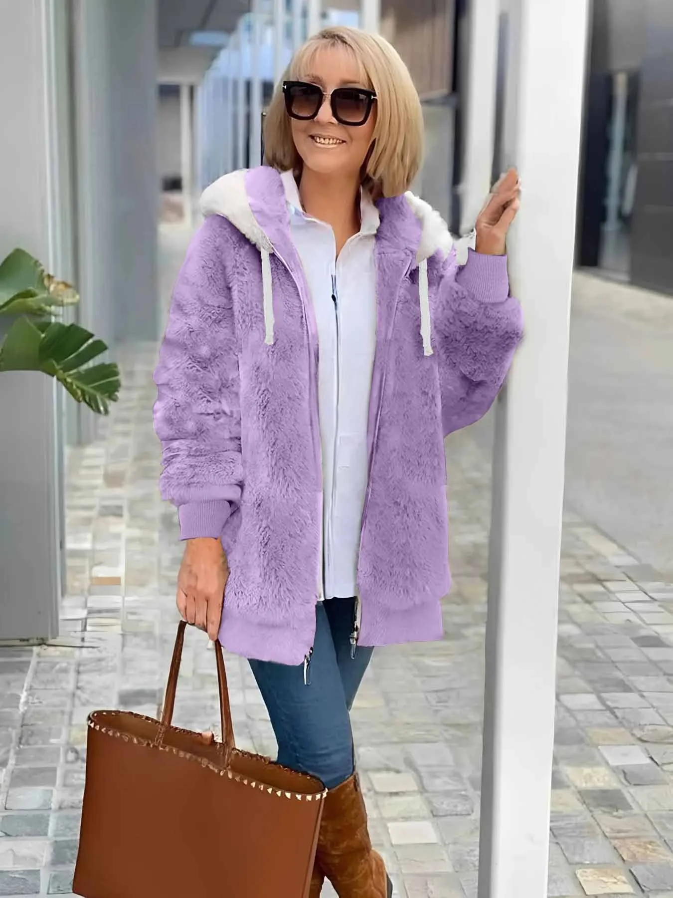 Women Plain Shawl Collar Zip Up Hoodie Long Sleeve Vintage Winter Daily Teddy Jacket Outerwear